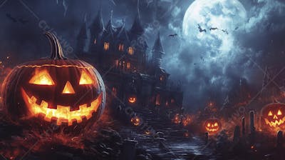 Castelo Assombrado Iluminado pela Lua com Abóboras de Halloween e Atmosfera Sombria Azulada
