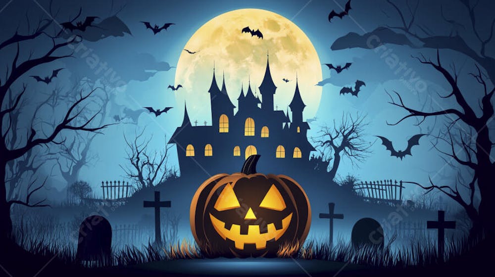 Castelo Assombrado Iluminado pela Lua com Abóboras de Halloween e Atmosfera Sombria Azulada