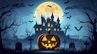 Castelo Assombrado Iluminado pela Lua com Abóboras de Halloween e Atmosfera Sombria Azulada