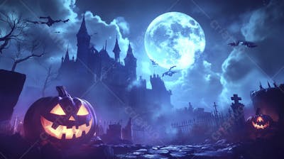 Castelo Assombrado Iluminado pela Lua com Abóboras de Halloween e Atmosfera Sombria Azulada