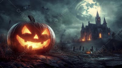 Castelo Assombrado Iluminado pela Lua com Abóboras de Halloween e Atmosfera Sombria Azulada