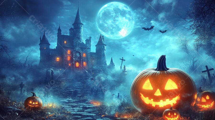 Castelo assombrado noite Halloween abóboras