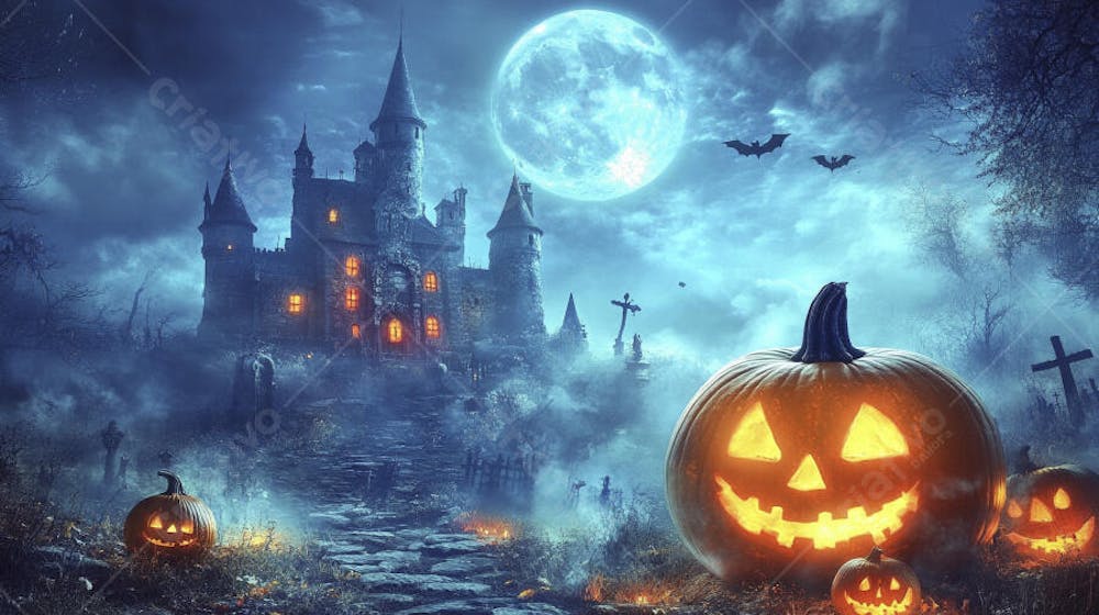 Castelo Assombrado Iluminado pela Lua com Abóboras de Halloween e Atmosfera Sombria Azulada