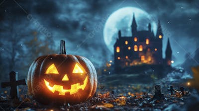 Castelo Assombrado Iluminado pela Lua com Abóboras de Halloween e Atmosfera Sombria Azulada