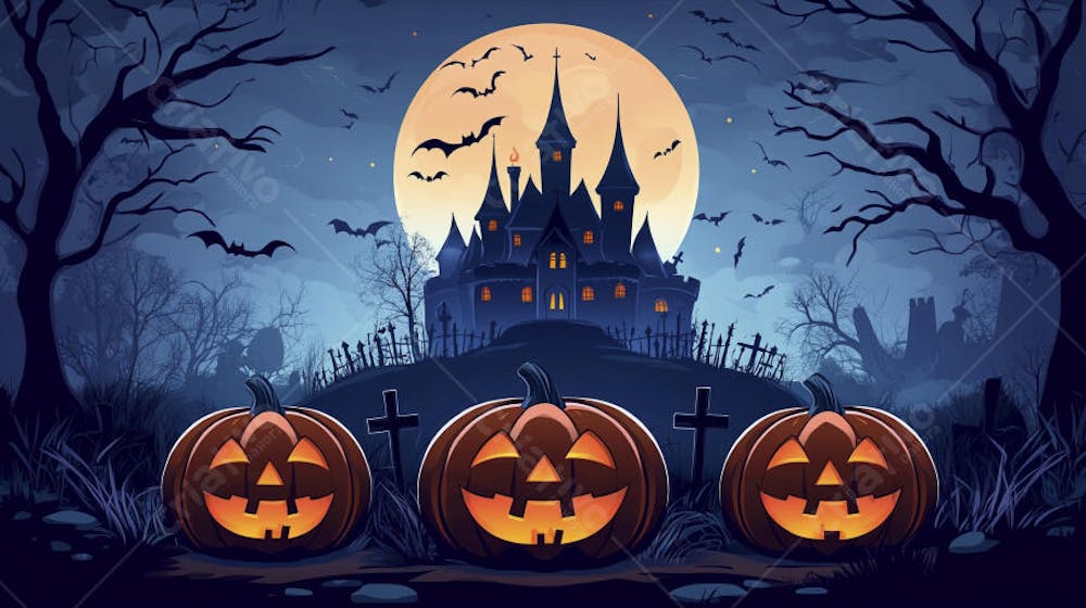 Castelo Assombrado Iluminado pela Lua com Abóboras de Halloween e Atmosfera Sombria Azulada