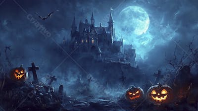 Castelo Assombrado Iluminado pela Lua com Abóboras de Halloween e Atmosfera Sombria Azulada