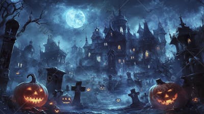 Castelo Assombrado Iluminado pela Lua com Abóboras de Halloween e Atmosfera Sombria Azulada
