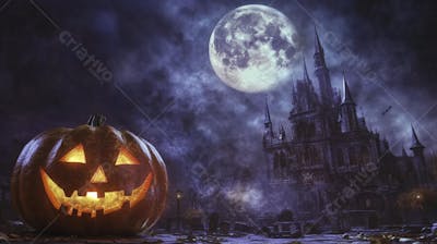 Castelo Assombrado Iluminado pela Lua com Abóboras de Halloween e Atmosfera Sombria Azulada