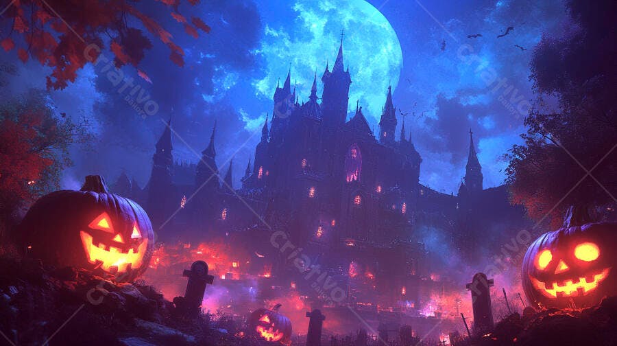 Castelo assombrado noite Halloween abóboras