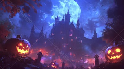 Castelo Assombrado Iluminado pela Lua com Abóboras de Halloween e Atmosfera Sombria Azulada