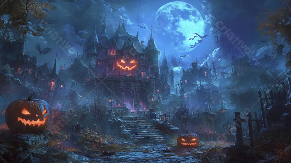 Castelo Assombrado Iluminado pela Lua com Abóboras de Halloween e Atmosfera Sombria Azulada