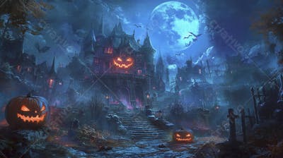 Castelo Assombrado Iluminado pela Lua com Abóboras de Halloween e Atmosfera Sombria Azulada