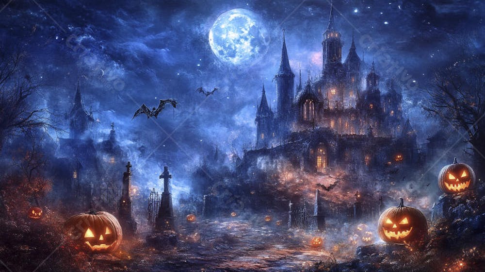 Castelo Assombrado Iluminado pela Lua com Abóboras de Halloween e Atmosfera Sombria Azulada