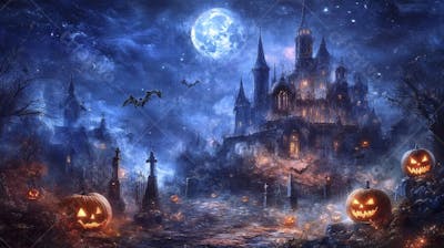 Castelo Assombrado Iluminado pela Lua com Abóboras de Halloween e Atmosfera Sombria Azulada