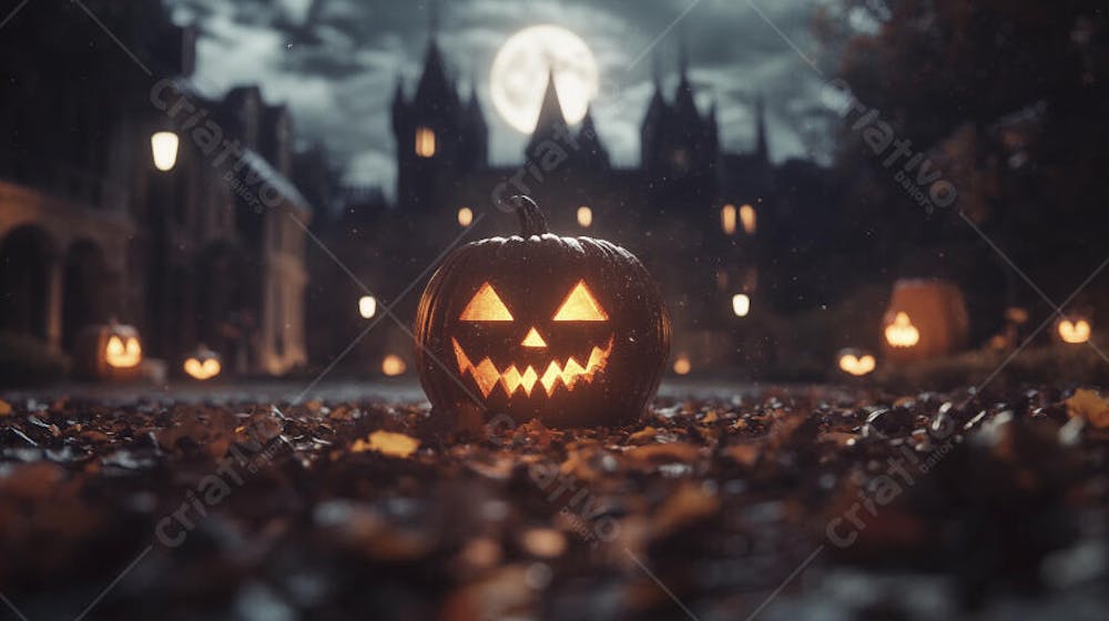 Castelo Assombrado Iluminado pela Lua com Abóboras de Halloween e Atmosfera Sombria Azulada
