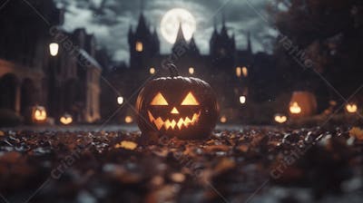 Castelo Assombrado Iluminado pela Lua com Abóboras de Halloween e Atmosfera Sombria Azulada