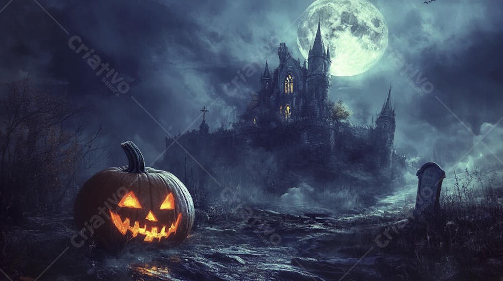 Castelo Assombrado Iluminado pela Lua com Abóboras de Halloween e Atmosfera Sombria Azulada