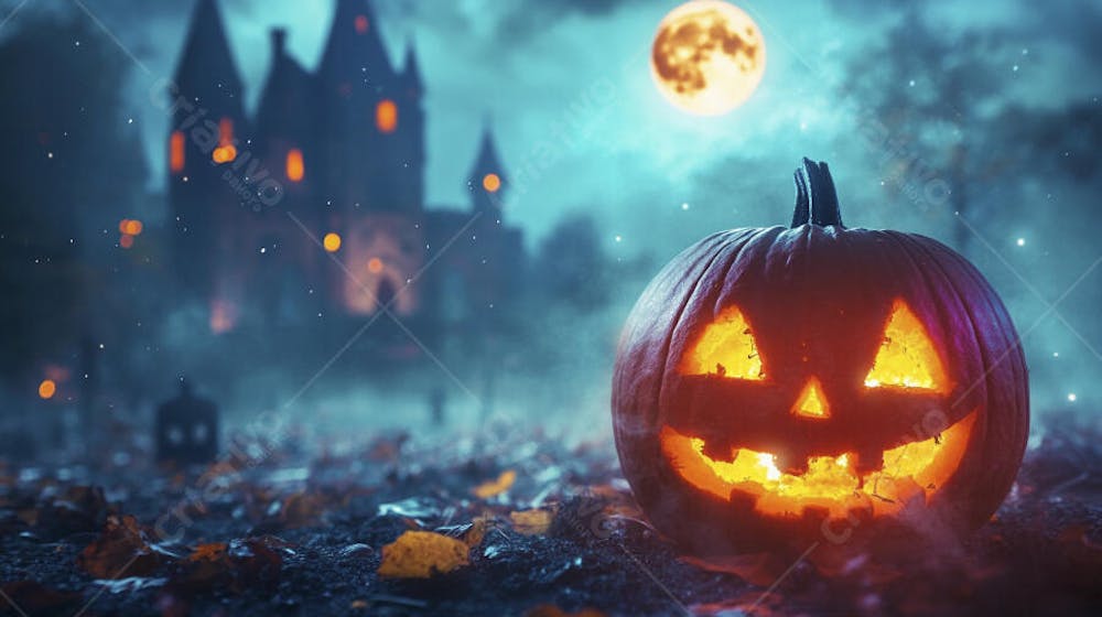 Castelo Assombrado Iluminado pela Lua com Abóboras de Halloween e Atmosfera Sombria Azulada