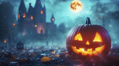 Castelo Assombrado Iluminado pela Lua com Abóboras de Halloween e Atmosfera Sombria Azulada