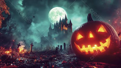 Castelo Assombrado Iluminado pela Lua com Abóboras de Halloween e Atmosfera Sombria Azulada