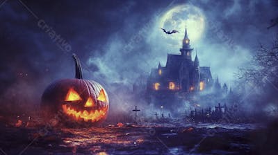 Castelo Assombrado Iluminado pela Lua com Abóboras de Halloween e Atmosfera Sombria Azulada