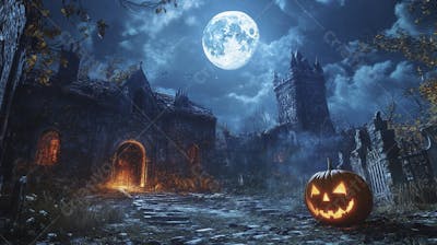 Castelo Assombrado Iluminado pela Lua com Abóboras de Halloween e Atmosfera Sombria Azulada