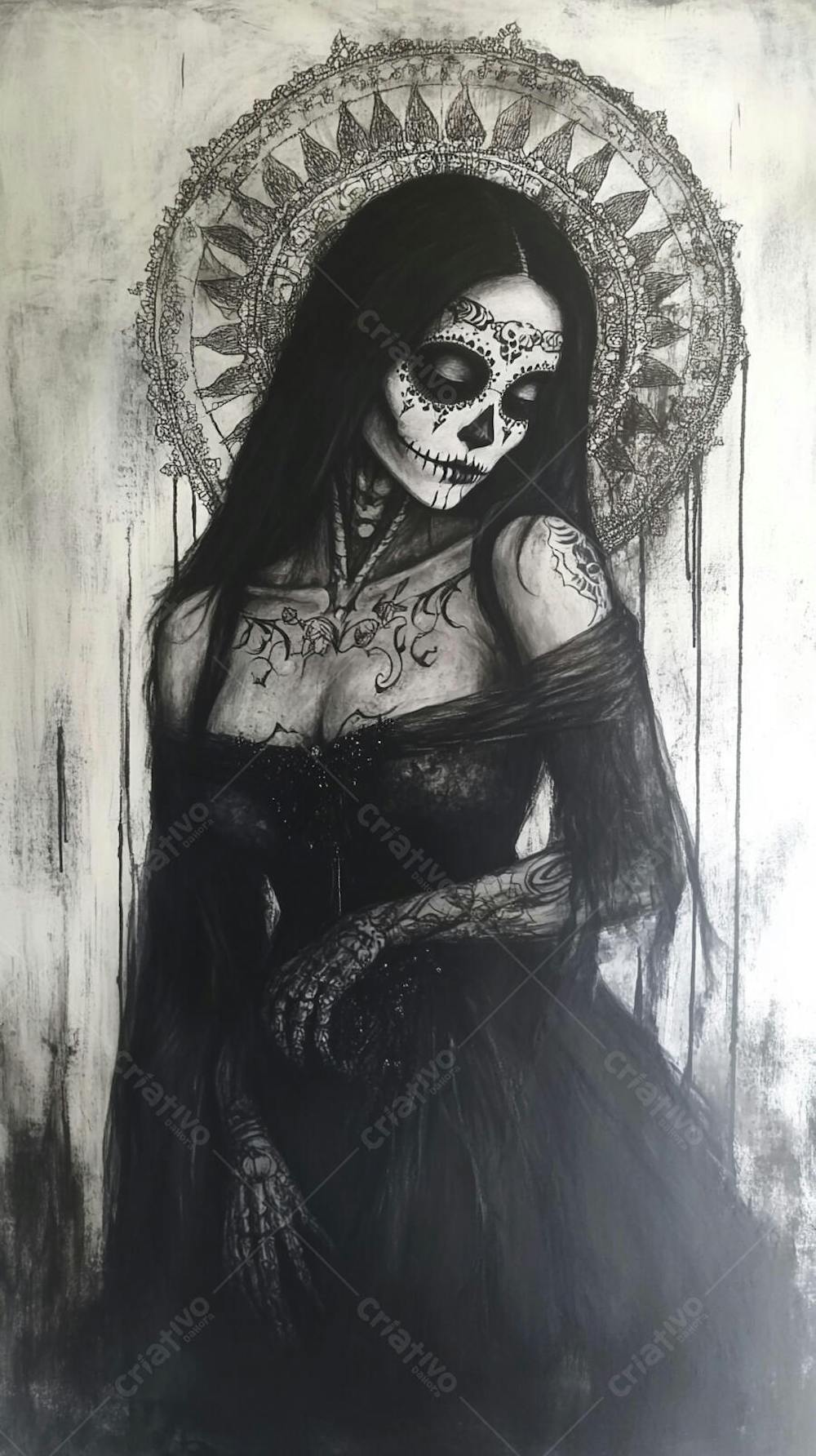 Retrato Artístico em Preto e Branco de Mulher com Maquiagem La Catrina e Chapéu Decorado com Rosas no Estilo Dia de Los Muertos
