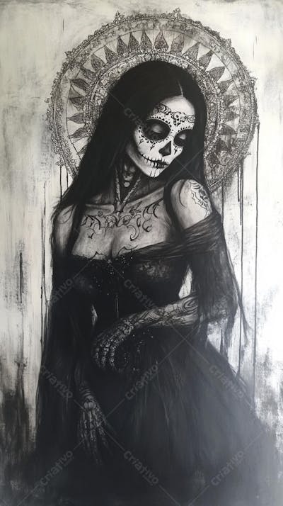 Retrato Artístico em Preto e Branco de Mulher com Maquiagem La Catrina e Chapéu Decorado com Rosas no Estilo Dia de Los Muertos