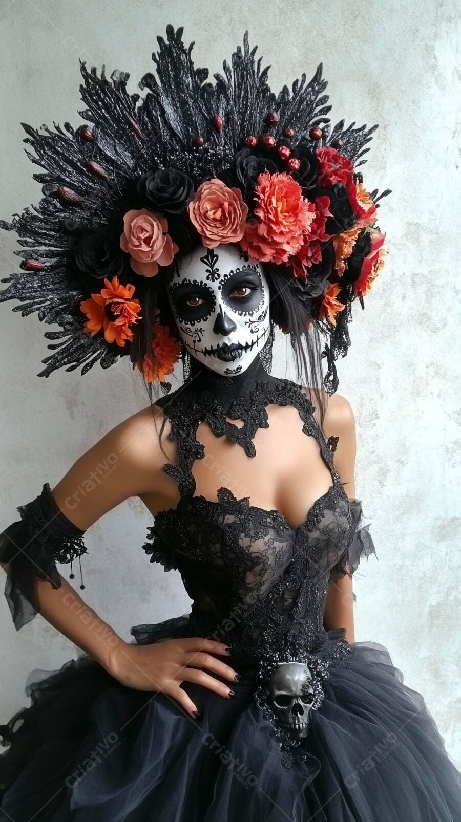 Modelo com maquiagem de Catrina e coroa de flores