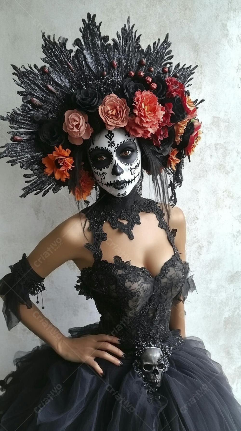 Retrato Artístico em Preto e Branco de Mulher com Maquiagem La Catrina e Chapéu Decorado com Rosas no Estilo Dia de Los Muertos