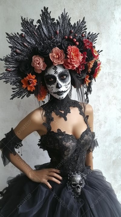 Retrato Artístico em Preto e Branco de Mulher com Maquiagem La Catrina e Chapéu Decorado com Rosas no Estilo Dia de Los Muertos