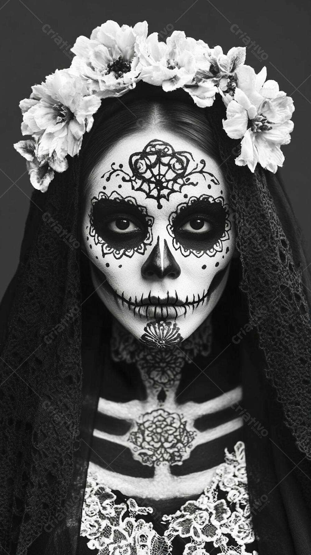 Retrato Artístico em Preto e Branco de Mulher com Maquiagem La Catrina e Chapéu Decorado com Rosas no Estilo Dia de Los Muertos