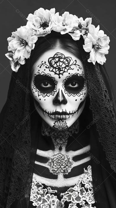 Retrato Artístico em Preto e Branco de Mulher com Maquiagem La Catrina e Chapéu Decorado com Rosas no Estilo Dia de Los Muertos
