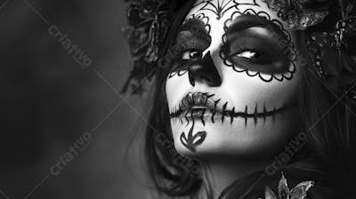 Retrato Artístico em Preto e Branco de Mulher com Maquiagem La Catrina e Chapéu Decorado com Rosas no Estilo Dia de Los Muertos
