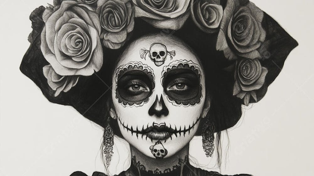Retrato Artístico em Preto e Branco de Mulher com Maquiagem La Catrina e Chapéu Decorado com Rosas no Estilo Dia de Los Muertos