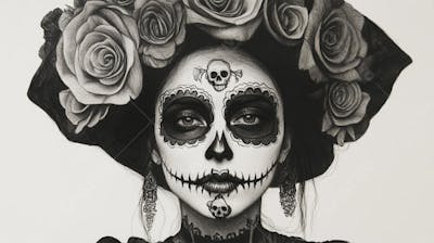 Retrato Artístico em Preto e Branco de Mulher com Maquiagem La Catrina e Chapéu Decorado com Rosas no Estilo Dia de Los Muertos
