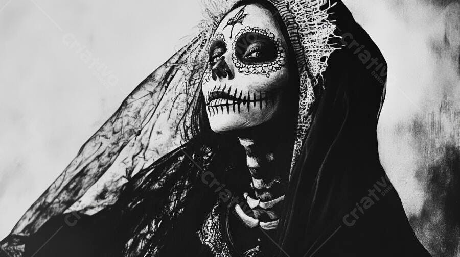 Maquiagem Calavera Catrina em tons monocromáticos