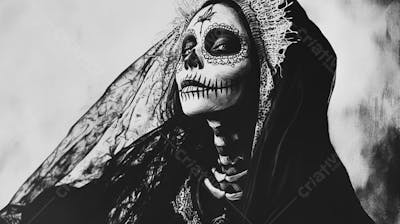 Retrato Artístico em Preto e Branco de Mulher com Maquiagem La Catrina e Chapéu Decorado com Rosas no Estilo Dia de Los Muertos