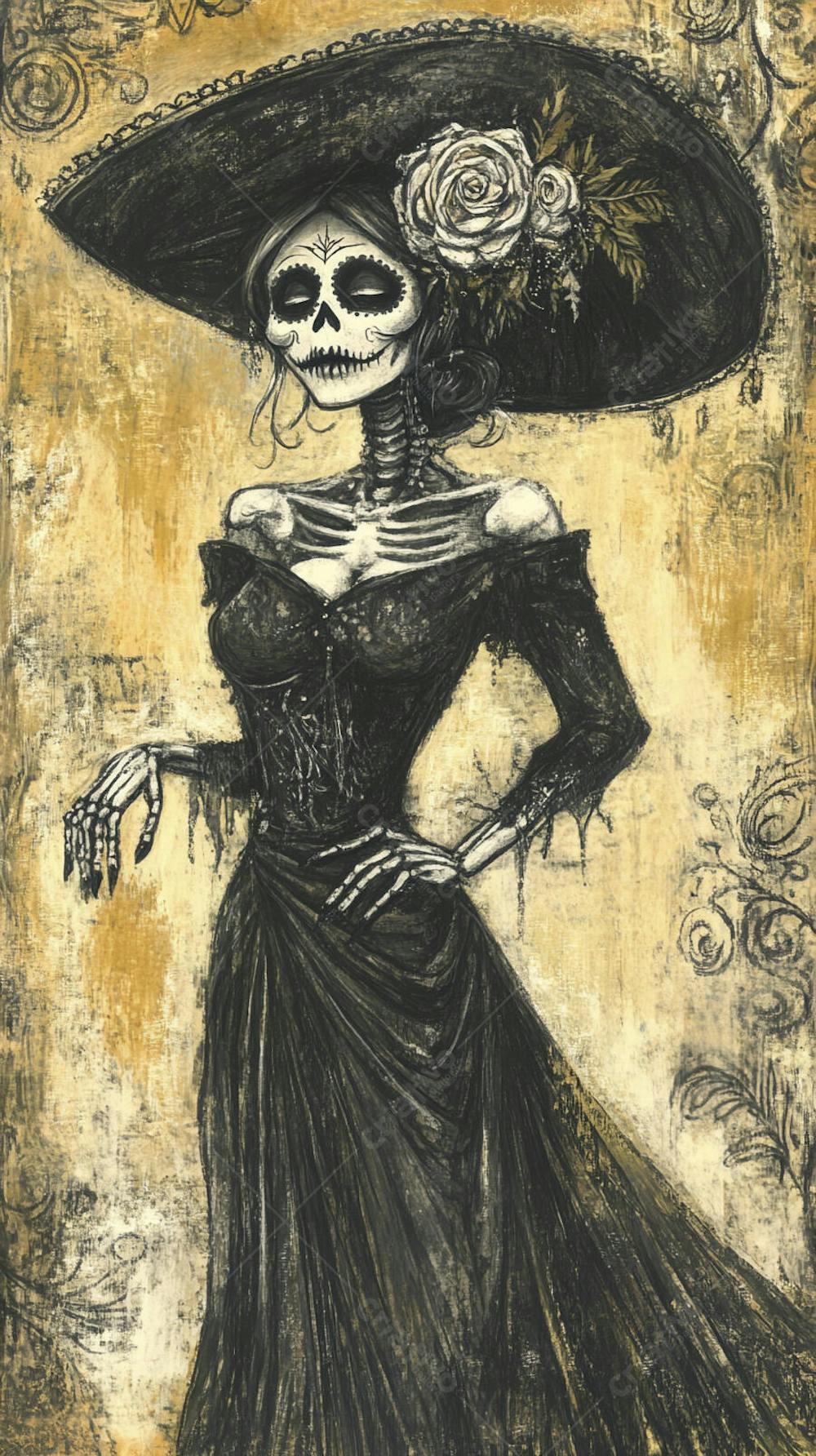 Retrato Artístico em Preto e Branco de Mulher com Maquiagem La Catrina e Chapéu Decorado com Rosas no Estilo Dia de Los Muertos