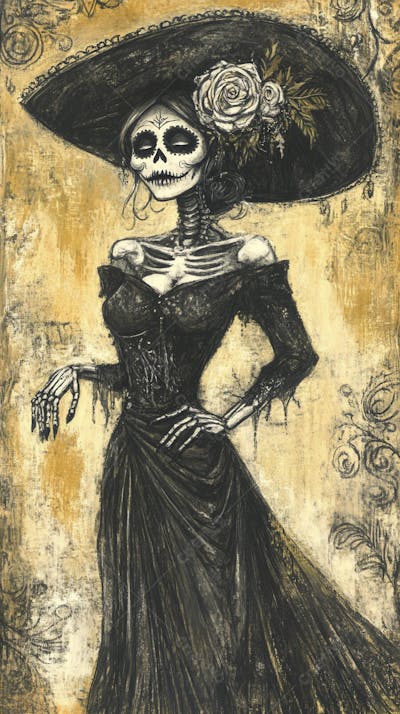 Retrato Artístico em Preto e Branco de Mulher com Maquiagem La Catrina e Chapéu Decorado com Rosas no Estilo Dia de Los Muertos