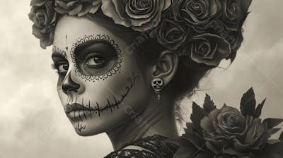 Retrato Artístico em Preto e Branco de Mulher com Maquiagem La Catrina e Chapéu Decorado com Rosas no Estilo Dia de Los Muertos