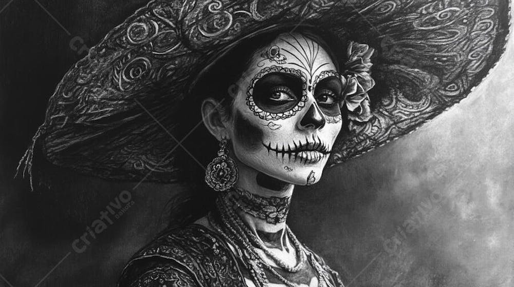 Retrato Artístico em Preto e Branco de Mulher com Maquiagem La Catrina e Chapéu Decorado com Rosas no Estilo Dia de Los Muertos