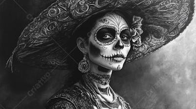 Retrato Artístico em Preto e Branco de Mulher com Maquiagem La Catrina e Chapéu Decorado com Rosas no Estilo Dia de Los Muertos