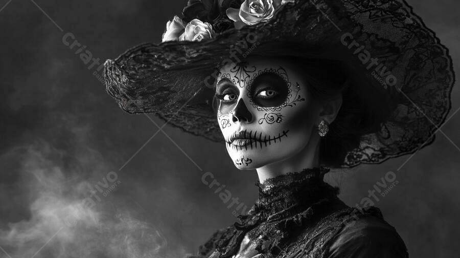 Mulher com maquiagem de caveira Dia dos Mortos