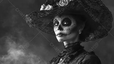 Retrato Artístico em Preto e Branco de Mulher com Maquiagem La Catrina e Chapéu Decorado com Rosas no Estilo Dia de Los Muertos