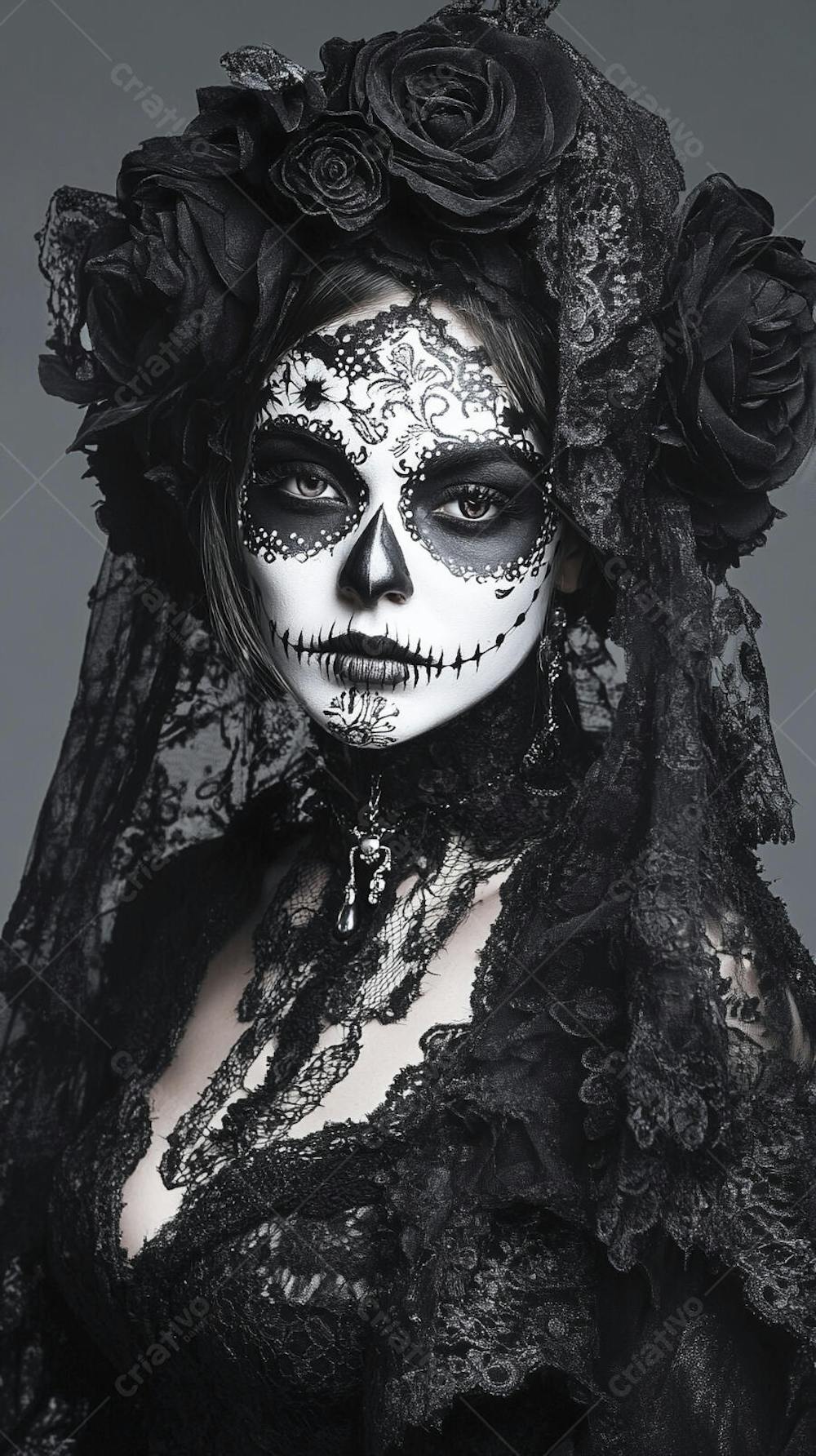 Retrato Artístico em Preto e Branco de Mulher com Maquiagem La Catrina e Chapéu Decorado com Rosas no Estilo Dia de Los Muertos
