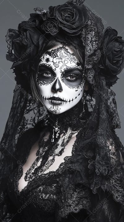 Retrato Artístico em Preto e Branco de Mulher com Maquiagem La Catrina e Chapéu Decorado com Rosas no Estilo Dia de Los Muertos