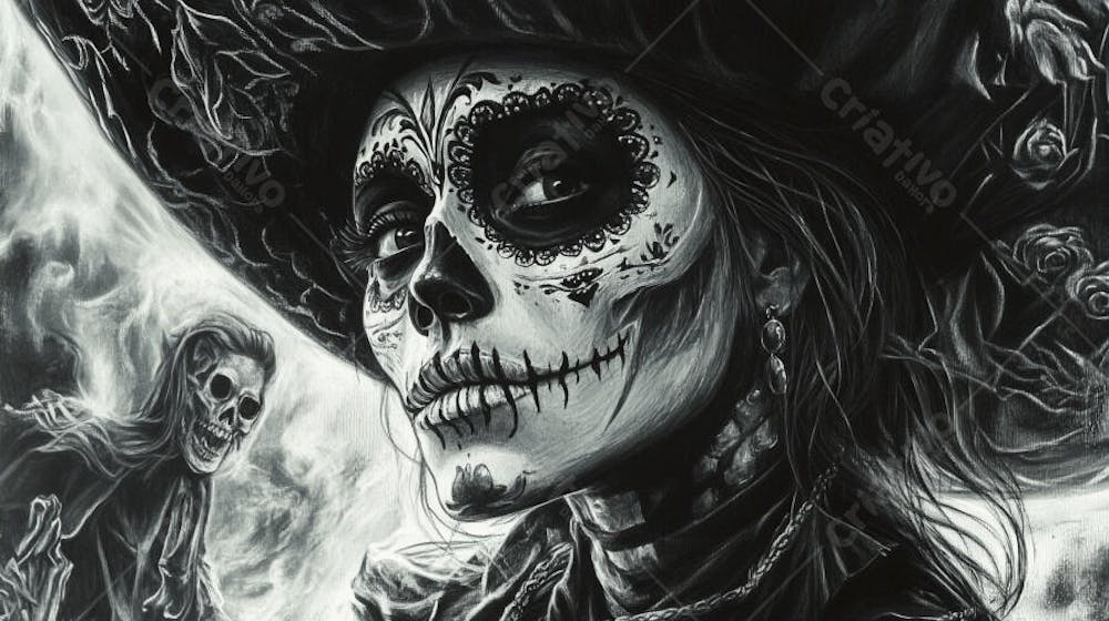 Retrato Artístico em Preto e Branco de Mulher com Maquiagem La Catrina e Chapéu Decorado com Rosas no Estilo Dia de Los Muertos