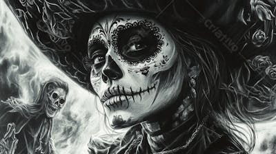 Retrato Artístico em Preto e Branco de Mulher com Maquiagem La Catrina e Chapéu Decorado com Rosas no Estilo Dia de Los Muertos