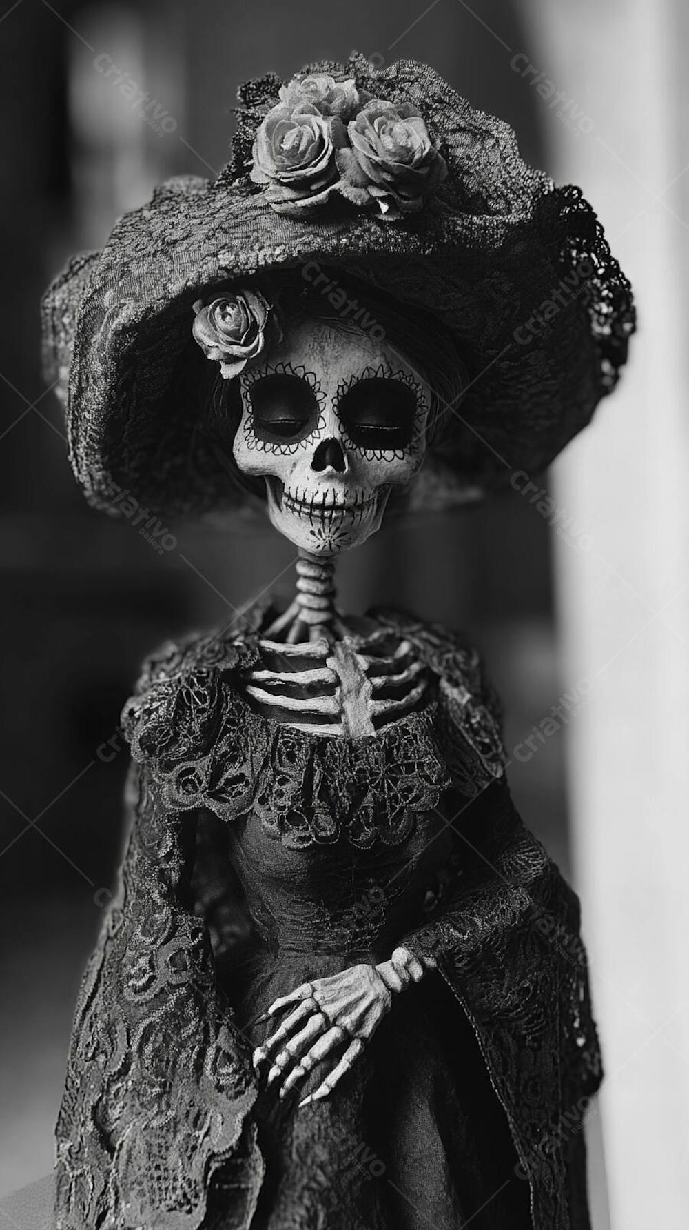 Retrato Artístico em Preto e Branco de Mulher com Maquiagem La Catrina e Chapéu Decorado com Rosas no Estilo Dia de Los Muertos